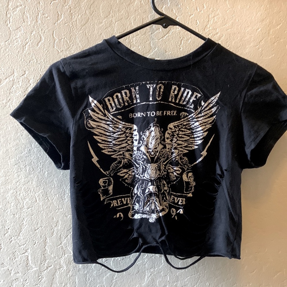 Biker chick tee Crop Top Genuine Rider Laser Cut front t-shirt Size L